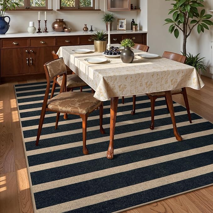 Lahome Striped Easy Jute 6x9 Area Rugs, Outdoor Patio Rug Washable Black | Porch Living Room Rug, Modern Farmhouse Neutral Non Slip Stain Resistance Indoor Carpet for Office Deck Classroom Dining Room