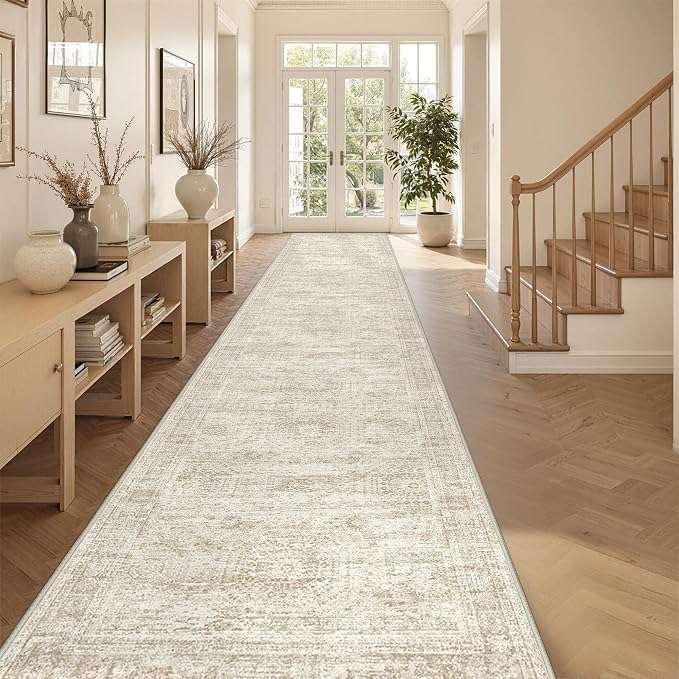 3x14 Runner Rug Non Slip,Washable Hallway Runner Rug,Beige | 14 ft Runner Rug for Hallway,Entryway,Bedroom,Living Room,Thin,Soft, Extra Long Rug,Stain Resistant Indoor Carpet