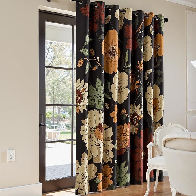 jinchan Black Boho Floral Blackout Curtains W100xL84 Grommet 1 Panel | Room darkening, Vintage, living room, bedroom, privacy, floral print, flower pattern, fall decor, window treatments