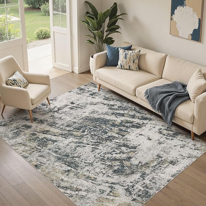 DMOYEST Area Rug Living Room Rugs - 5x7 Large Soft Indoor Neutral Modern Abstract Low Pile Washable Rug Carpet for Bedroom Dining Room Farmhouse Home Office-Black Gold/Grey