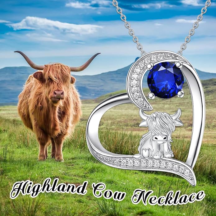 Highland Cow Gifts for Women 925 Sterling Silver Highland Cow Birthstone Necklace Fluffy Cow Jewelry Gifts Birthday Christmas