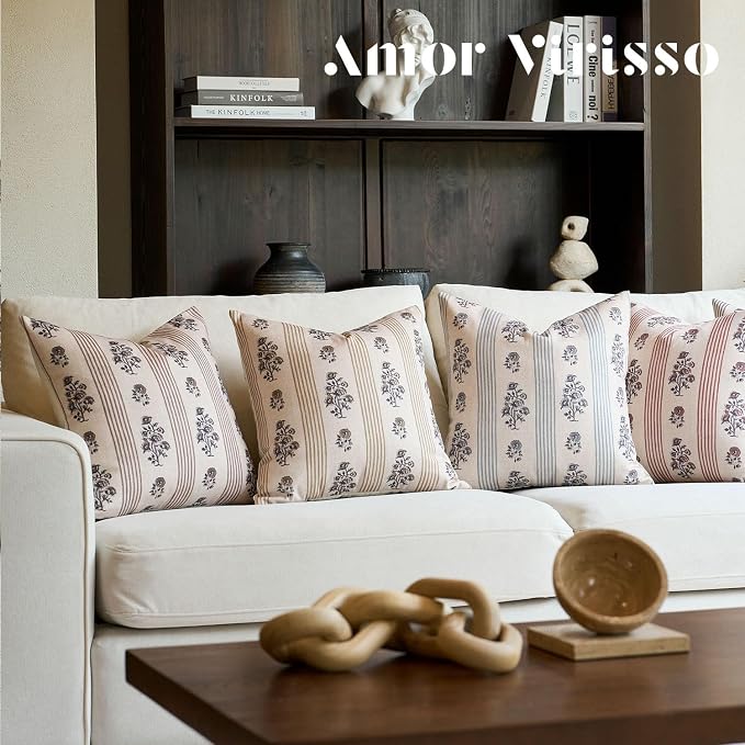 Amor Virisso Floral Throw Pillow Covers 24x24 Set of 2 Block Print Pillow Covers Neutral Floral Striped Farmhouse Decorative Pillow Covers for Sofa Couch Bed, Light Blue