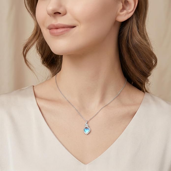 Heart Necklace 925 Sterling Silver Created Moonstone/Turquoise/Lapis Lazuli/Opal Heart Necklace Pendant Necklace Jewelry Gifts for Women