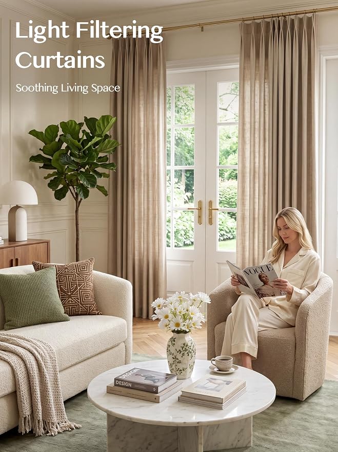 Liz Pinch Pleated Linen Curtains Light Filtering Curtains for Living Room, Farmhouse Window Curtains for Bedroom, Modern Drapes with Hooks and Rings, 90 Inches Long, Taupe Grey, 2 Panels Set