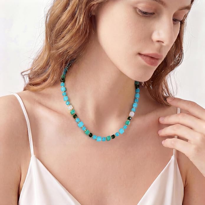 LALAPPLE Colorful Beaded Gemstone Necklace for Women, Boho Rainbow Bead Choker with Natural Stone Crystal Beads, Handmade Summer Beach Necklace Jewelry