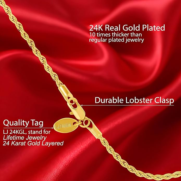 LIFETIME JEWELRY Gold Anklets for Women - 2mm Rope Chain Ankle Bracelet - 24k Real Gold Plated, Made in USA Since 1987 with Lifetime Replacement