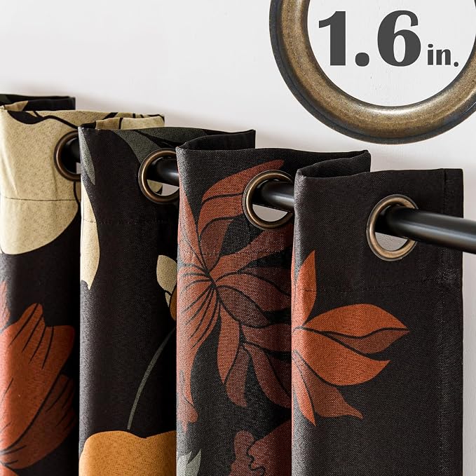 jinchan Black Boho Floral Blackout Curtains 84 Inch Grommet 4 Panels | Room darkening, Vintage, living room, bedroom, privacy, floral print, flower pattern, fall decor, window treatments