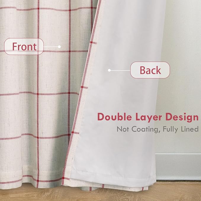 DriftAway 100% Blackout Plaid Linen Curtains 96 Inches Long 2 Panels Red | 100% Blackout, Linen Texture, Plaid Pattern, Two Layers, Rod Pocket & Back Tab, Bedroom Living Room Use, Luxury Appearance