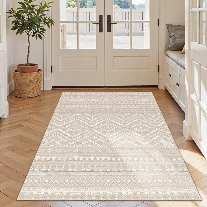 3x5 Washable Rug Moroccan Small Entryway Rug Non Slip Indoor Floor Carpet Foldable Thin Rugs for Kitchen Bedroom with Low Pile(Brown,3'x5')