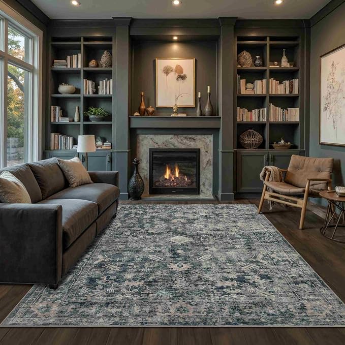 Rugxara Area Rugs 5x7 Washable Rug for Living Room Bedroom, Blue Rug | Non Slip, Rug for Dining Room Dorm Office Farmhouse, Stain Resistant, Soft, Vintage Boho Retro Carpet, Low Pile, Home Decor