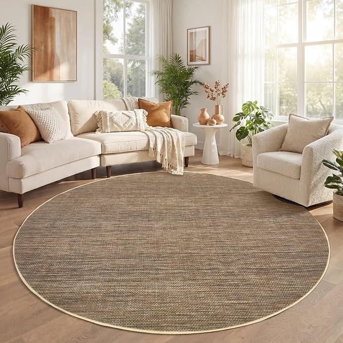 GarveeHome 4ft Easy Jute Round Rug Washable Living Room Bedroom Circle Rugs | Modern Solid Non Slip Stain Resistant Throw Carpet Low Pile Indoor Round Area Rugs for Kitchen Nursery Entryway Dorm, Brown