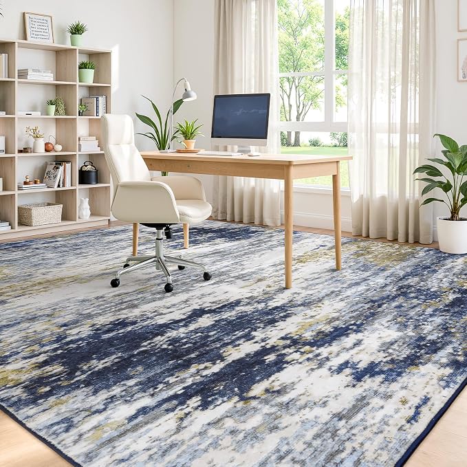 Lofus 9x12 Area Rug for Living Room,Abstract Large Rugs with Non-Slip Backing, Neutral Modern Washable Carpet for Bedroom Dining Room Home Office Nursery Indoor, Dark Blue/Brown