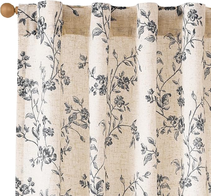 Lazzzy Floral Linen Curtains Farmhouse Extra Long Curtain for Living Room Bedroom Light Filtering Vintage Rod Pocket Back Tab Drapes for Home, 2 Panels, Black on Beige, W38 X L108