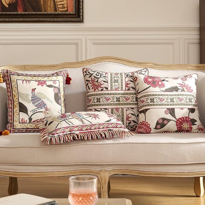 patdrea Designer Vintage Linen Throw Pillow Cover,Set of 4-Schumacher | Elegant Decorative Pillow Case,Bird Pattern with Tassel Pendant,Cushion Coverfor Couch Living Room Bedroom Sofa