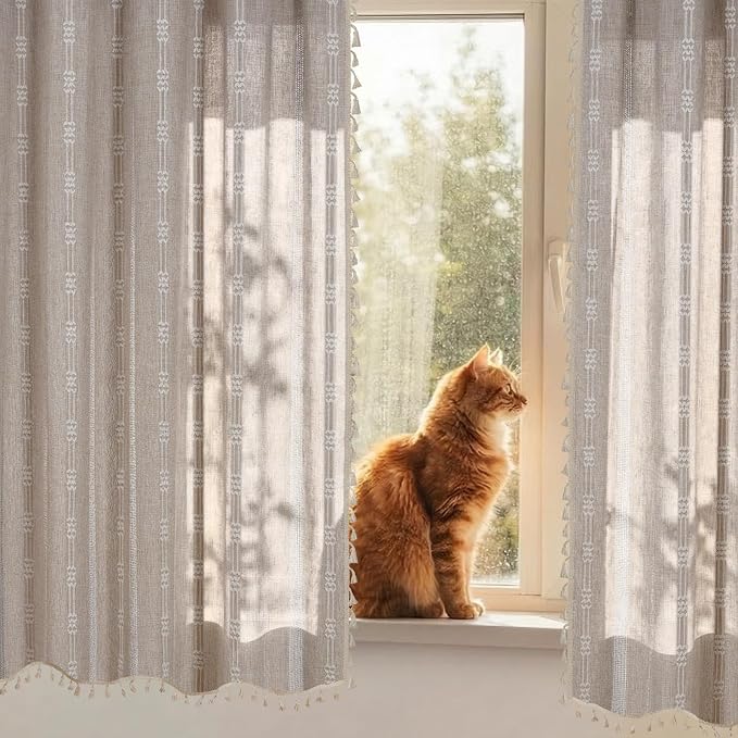 ColorBird Boho Curtains Linen-Textured for Living Room Bedroom Natural Brown 63 Inch Length Farmhouse Light Filtering Neutral Embroidered Striped Linen Drapes 2 Panels Window Treatment
