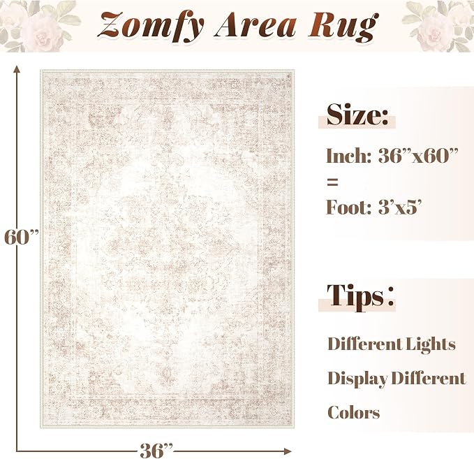 Area Rug 3x5 Vintage Rug: Washable Indoor Medallion Rug Low Pile Distressed Floor Carpet Retro Accent Doormat for Bedroom Bathroom Hallway Kitchen Home Office(Retro Beige, 3'x5')