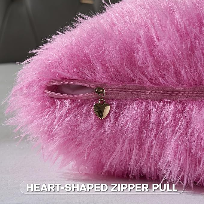 FUTEI Pack of 2 Shaggy Mongolian Faux Wool Throw Pillow Covers 18x18 Inch Soft Fluffy Farmhouse Decorative Cushion Case for Couch Bed Living Room, Hot Pink
