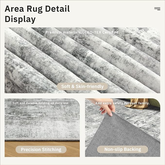 Soalmost 6x9 Abstract Area Rugs for Living Room 6 x 9 Washable Non Slip Low Pile Gray Rugs for Bedroom Dining Room Foldable Thin Gray White
