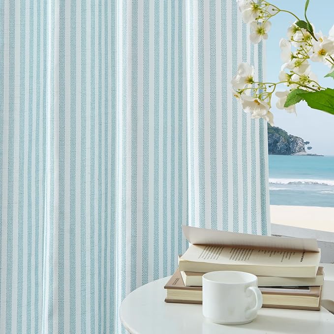 Vangao Linen Striped Curtains for Living Room Bedroom Farmhouse Tickingstripe Light Filtering Window Curtains Printed Drapes Grommet Top 2 Panels Aqua Blue on Off White W50 x L63 Inch