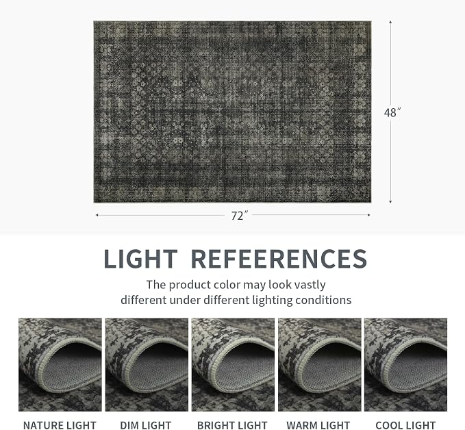 4x6 Vintage Washable Area Rug for Living Room,Low Pile Non Slip Carpet Small Area Rug Soft Indoor Stain Resistant Rug Floral Print Mat for Bedroom Dining Room Entryway Home Decor Black