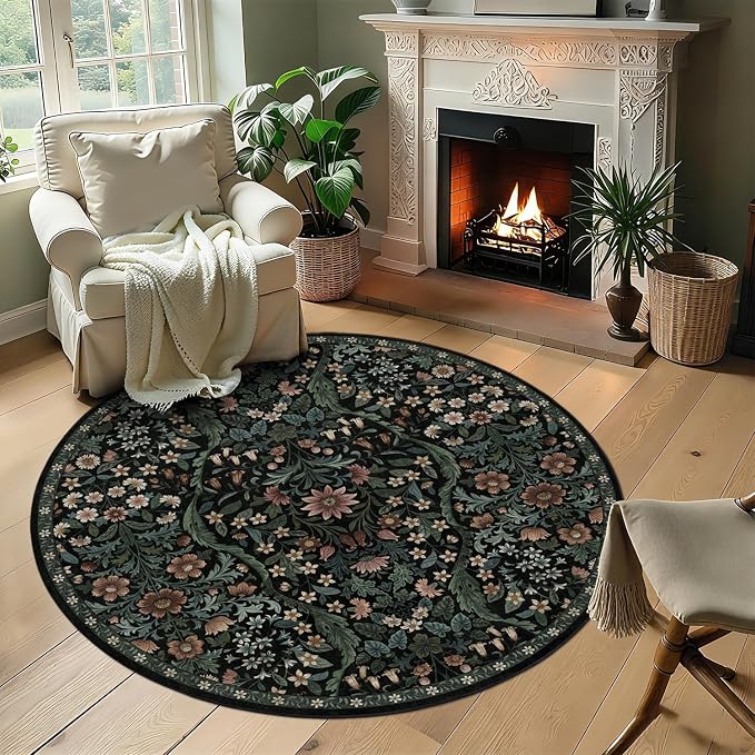Round Rug 5ft Black Washable Floral Circle Rug,Vintage Boho Botanical Round Area Rugs, Non-Slip Soft Low-Pile Circular Carpet for Bedroom,Kids Room,College Dorm,Home Decor