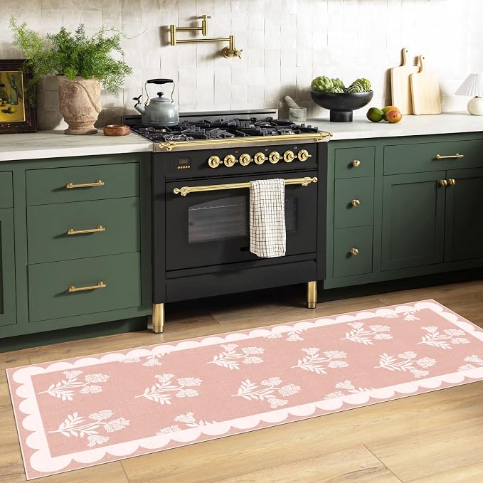 Non Slip Washable Kitchen Runner Rug - 2x8 Long Pink Hallway Runner Rugs Soft Boho Runners for Hallways Preppy Scalloped Area Rug for Bedroom Entryway Laundry Room Bathroom Foyer