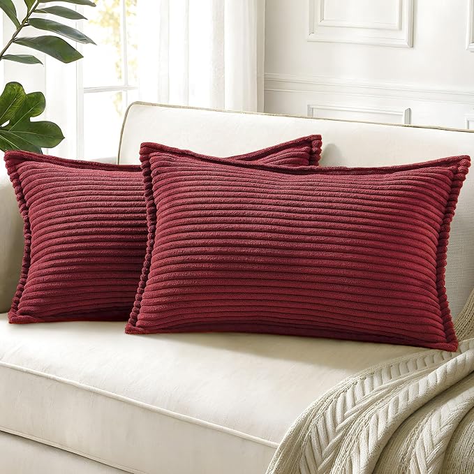 decorUhome Fall Corduroy Burgundy Throw Pillow Covers 12x20 Set of 2 | Lumbar Couch Decorative Soft Modern Boho Farmhouse Pillow Covers Broadside Striped Pillow Cases for Living Room Bed Sofa