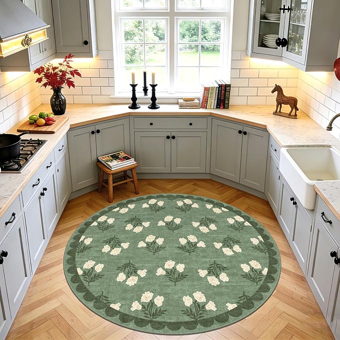 Sage Green 4ft Round Entry Rug - Soft Washable Floral Boho Vintage Scalloped Round Rug for Bedroom Non Slip Stain Resistant Circle Area Rugs for Living Room Entryway Bathroom Nursery Kids Room