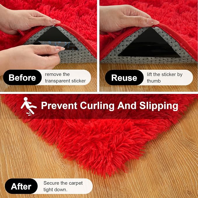 Red Rugs for Bedroom, 2x3 Fluffy Area Rugs for Living Room, Small Fuzzy Shag Soft Carpet with 4 Non-Slip Adhesive Strips for Kids Boys and Girls Nursery Dorm Room Home Decor (2ft X 3ft, Red)