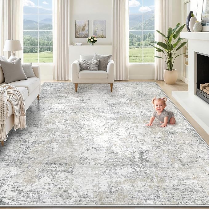 XLUEZ 8x10 Area Rugs for Living Room, Washable Modern Abstract Large Area Rug Neutral Soft Non Slip Kids Rug Stain Resistant Indoor Carpet for Bedroom Nursery Dining Room Playroom(BeigeGrey, 8'x10')