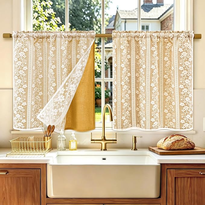 ASPMIZ Linen Kitchen Curtains Double Layer Kitchen Window Curtains Over Sink 24 Inch Mustard Yellow Tier Curtain Light Filtering Rod Pocket Cafe Curtain Short Window Treatments with 2 Tiebacks, 26x24