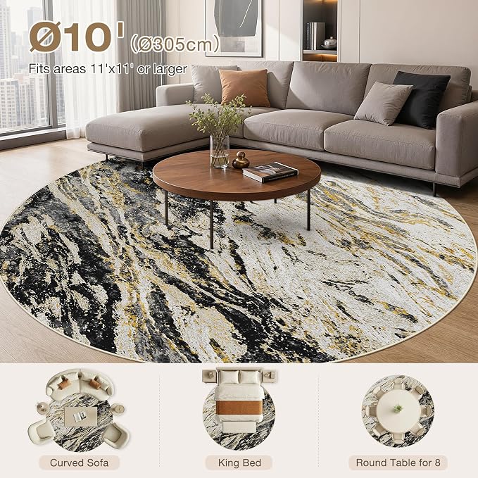Area Rugs for Living Room: 10ft Round Abstract Washable Rug Modern Neutral Large Soft Stain Resistant Non-Slip for Bedroom Dining Room Indoor Home Office Carpet - Black Gold