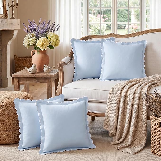 4 Pcs Blue Scalloped Pillow Covers 18x18 Inch Scallop Grandmillennial Decorative Couch Throw Pillows Granny Chic Pillowcases for Farmhouse Sofa, Couch, Outdoor Patio Decor