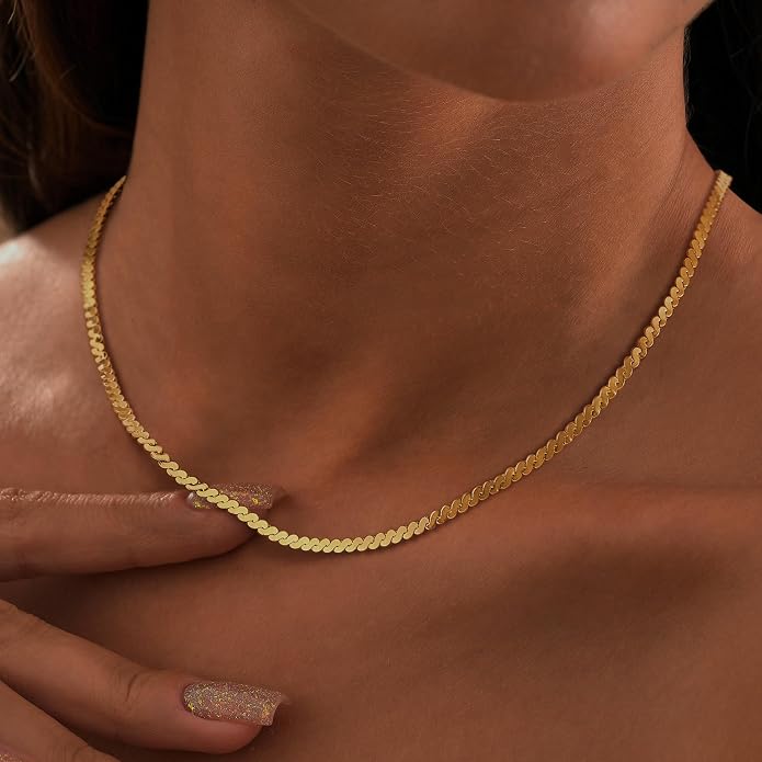 Dremmy Studios Dainty Gold Choker Necklace for Women 14K Gold Plated Coin Disc Figaro Layered Beaded Flat Mariner Sideways Cross Wishbone Link Clavicle Necklaces