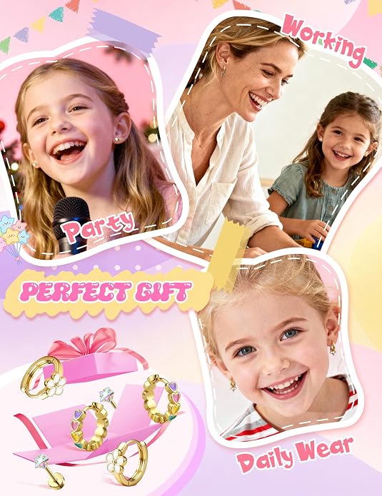 LOLIAS Hypoallergenic Earrings for Girls Flat Back-Stainless Surgical Steel Earrings for Sensitive Ears Women Cute Hoops Flatback Studs Screw Back Toddler Kids Teen Girls Earrings Jewelry