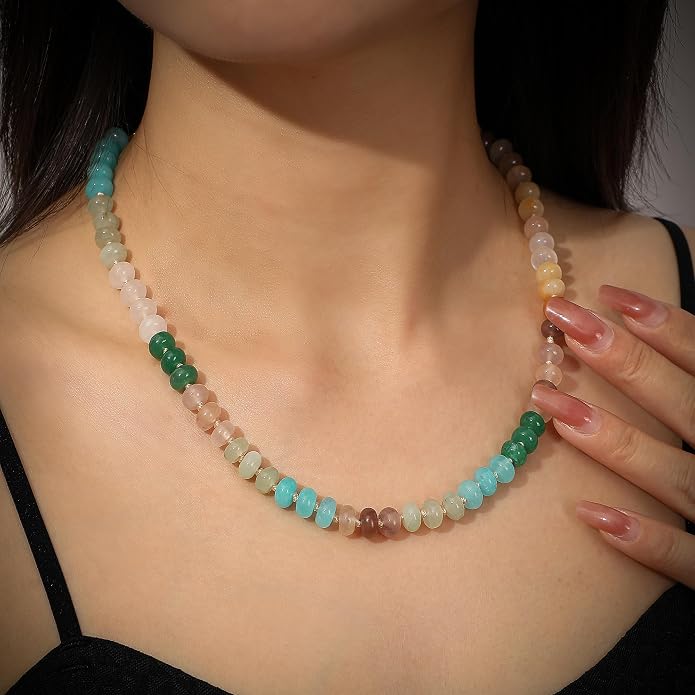 LALAPPLE Colorful Beaded Gemstone Necklace for Women, Boho Rainbow Bead Choker with Natural Stone Crystal Beads, Handmade Summer Beach Necklace Jewelry