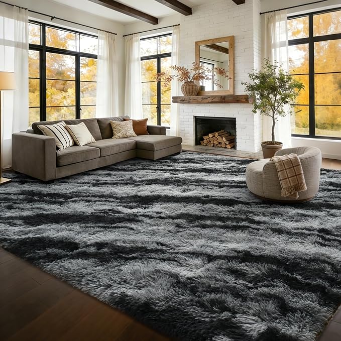Extra Large 8x10 Area Rugs for Living Room Decor, Non-Slip Shaggy Tie-Dyed Rugs for Bedroom Kids Playroom Dorm Room, High Pile Ultra Soft Carpet, Black