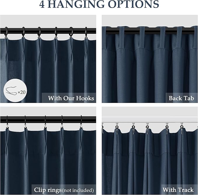 Aersas Denim Blue Pinch Pleated Linen Curtains 90 Inch Length 2 Panels for Living Room Bedroom Semi Sheer Window Curtain Boho Neutral Back Tab Pinch Pleat Drape with Hooks 40x90