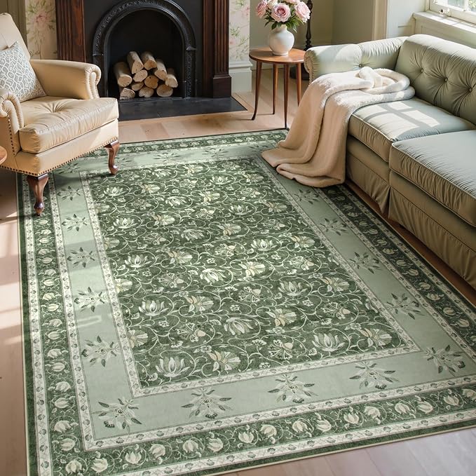 Lahome Floral Green Rugs for Bedroom, Non Slip Washable Rugs 5x7 Rug for Living Room, Stain Resistant Vintage Floral Rug for Dining Room Office (5'x7', Green)