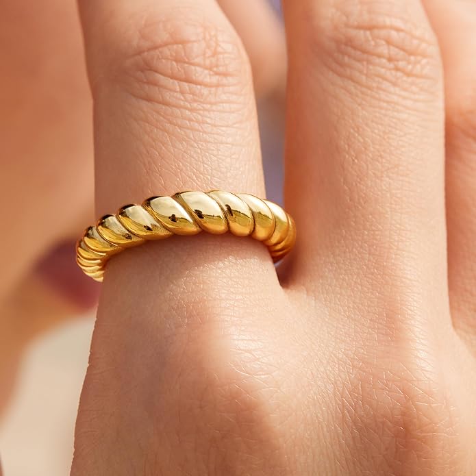 Non Tarnish Gold Chunky Rings for Women, 14K Gold Plated Statement Dome Rings Stacking Silver, Adjustable Mens Eternity Wedding Band Mixed Metal Jewelry Size 3-13