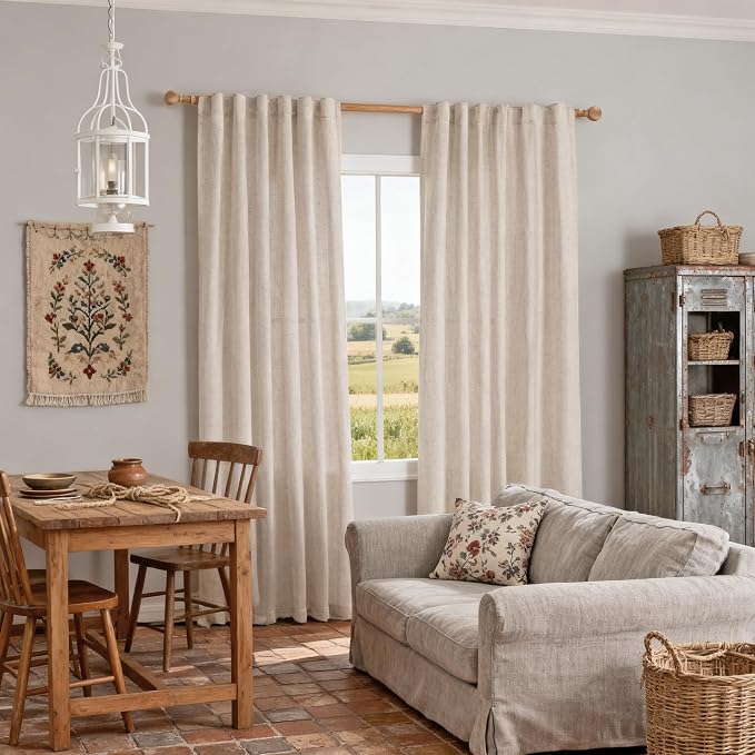 MYSKY HOME Boho Curtains 72 Inch Length, Natural Linen Semi Sheer Drapes for Window Decoration Door Curtain Panels Privacy Shade Burlap Farmhouse Rustic Style for Doorways, 50" x 72", 2 Panels