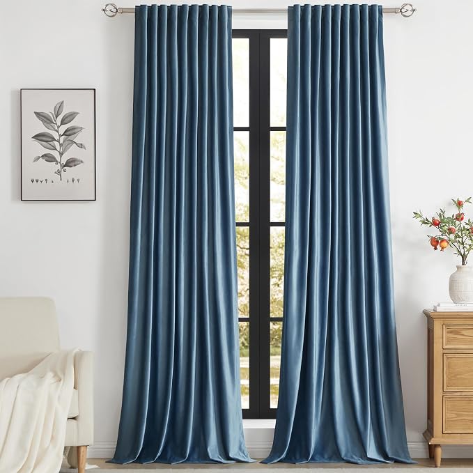 PRIMROSE Velvet Curtains 102 inch Long for Living Room,Set of 2 Panels Stone Grayish Blue Blackout Rod Pocket Back Tab Window Treatment Room Darkening Heavy Decorative Curtains Drapes for Bedroom