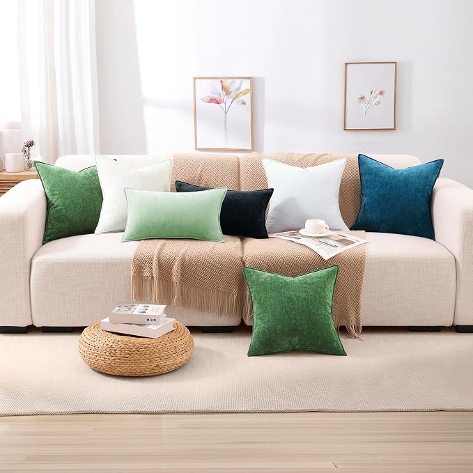 decorUhome Chenille Sage Green Velvet Throw Pillow Covers 18x18 Set of 2 | Fall Soft Couch Decorative Modern Farmhouse Pillow Cases with Elegant Design for Sofa Bed Living Room Home Decor