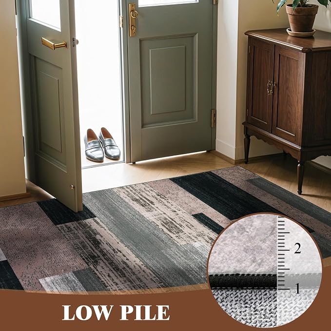 LIANLAM 2x6 Washable Runner Rug for Hallway&Kitchen(2x6,Chocolate) | Non-Slip Long Carpet with Vintage Checkered Design, Low Pile,Stain Resistant Easy Clean Floor Mat for High Traffic Areas