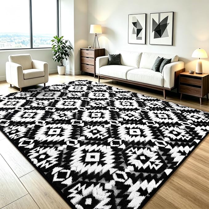 Macgace Ultra Soft Area Rug for Living Room, 6x9 Black and White Shag Rugs | Washable Non-Slip Backing Medium Pile Modren Geometric Fuzzy Carpet for Kids Room, Girls Bedroom, Classroom, Dorm