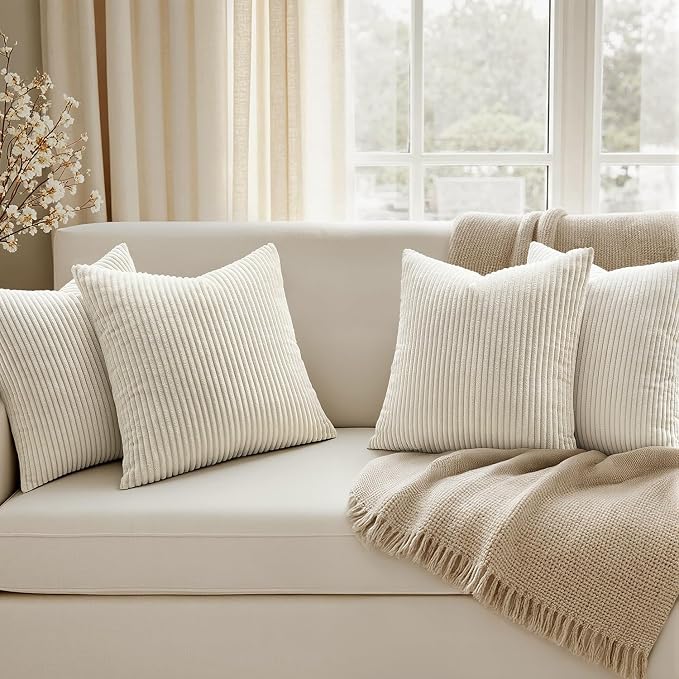 EMEMA Beige Decorative Throw Pillow Covers 18x18 Inch Set of 4 Boho Farmhouse Corduroy Striped Square Pillow Case,Western Modern Cushion Covers for Couch Bed Livingroom Home Decor