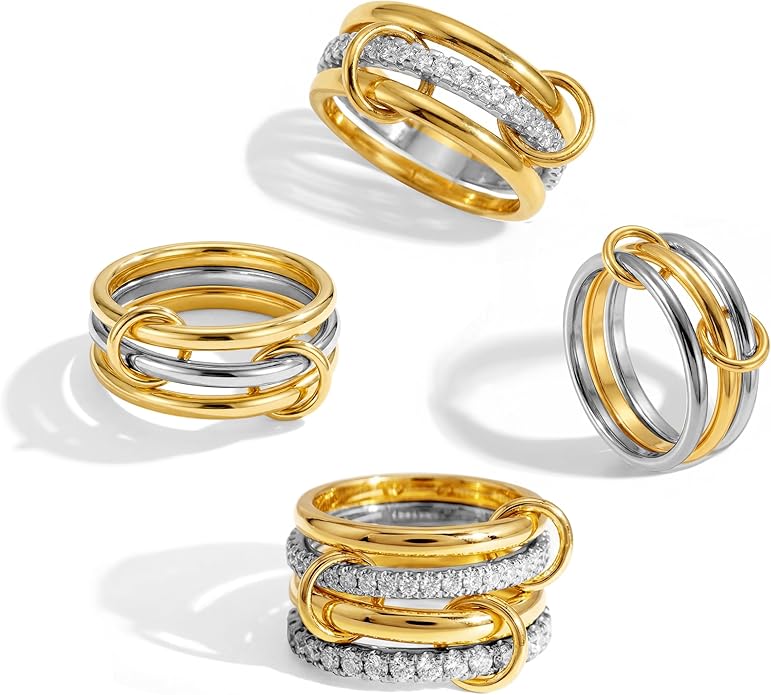 ACLOKOO 4 Pack Interlocked Stackable Rings for Women - 14K Gold Plated Statement 4 Mixed Metals Multi Ring Stack - Cubic Zirconia Two-Toned Connected Bands Stacking Jewelry