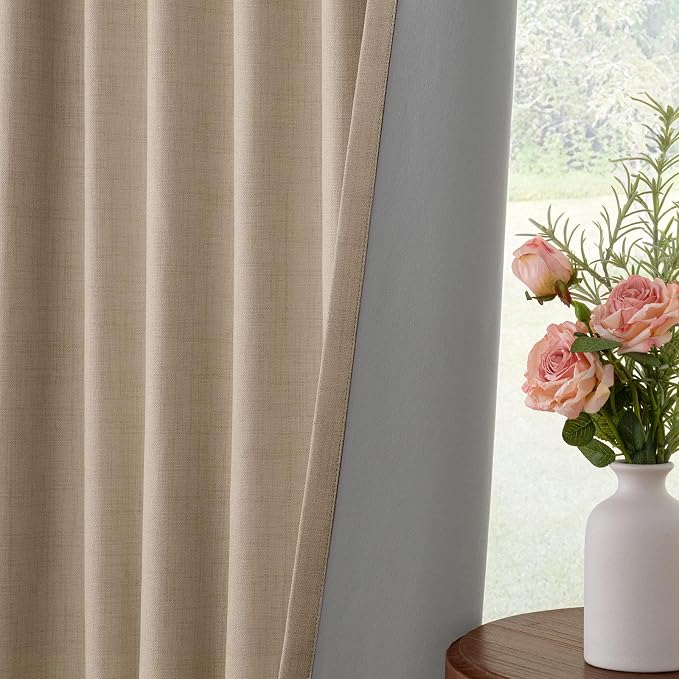 INOVADAY 100% Blackout Curtains for Bedroom, Taupe Black Out Curtains 84 Inch Long, Clip Rings Linen Blackout Drapes, Thermal Insulated Room Darkening for Living Room, 2 Panels - W50xL84