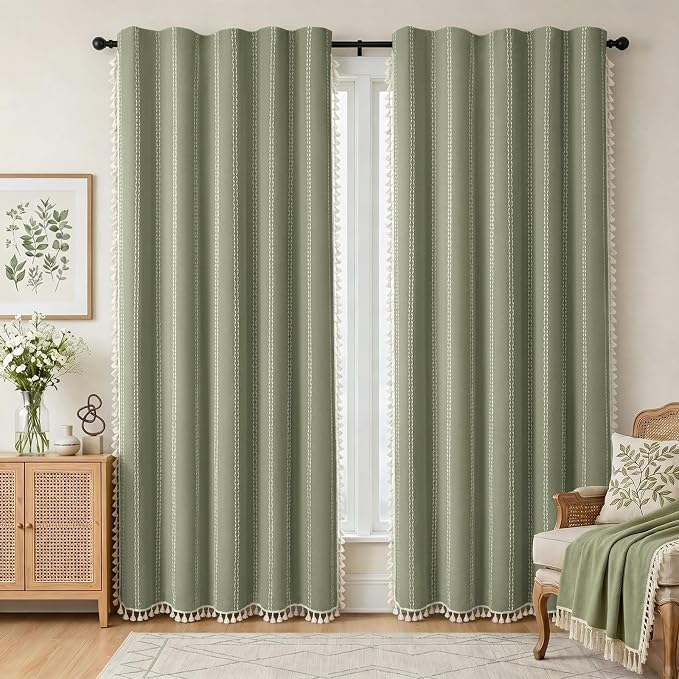 Green Boho Blackout Curtains 2 Panels 84 Inch for Living Room Bedroom, Linen Texture Farmhouse Curtains with Tassels and White Cotton Embroidery Vintage
