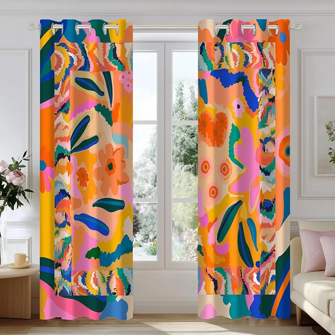 Abstract Colorful Blackout Curtains, Bright Patterned Boho Floral Jungle Decor for Home Bedroom, Living Room Grommet Window Drapes 2 Panel Set, 52"x84"
